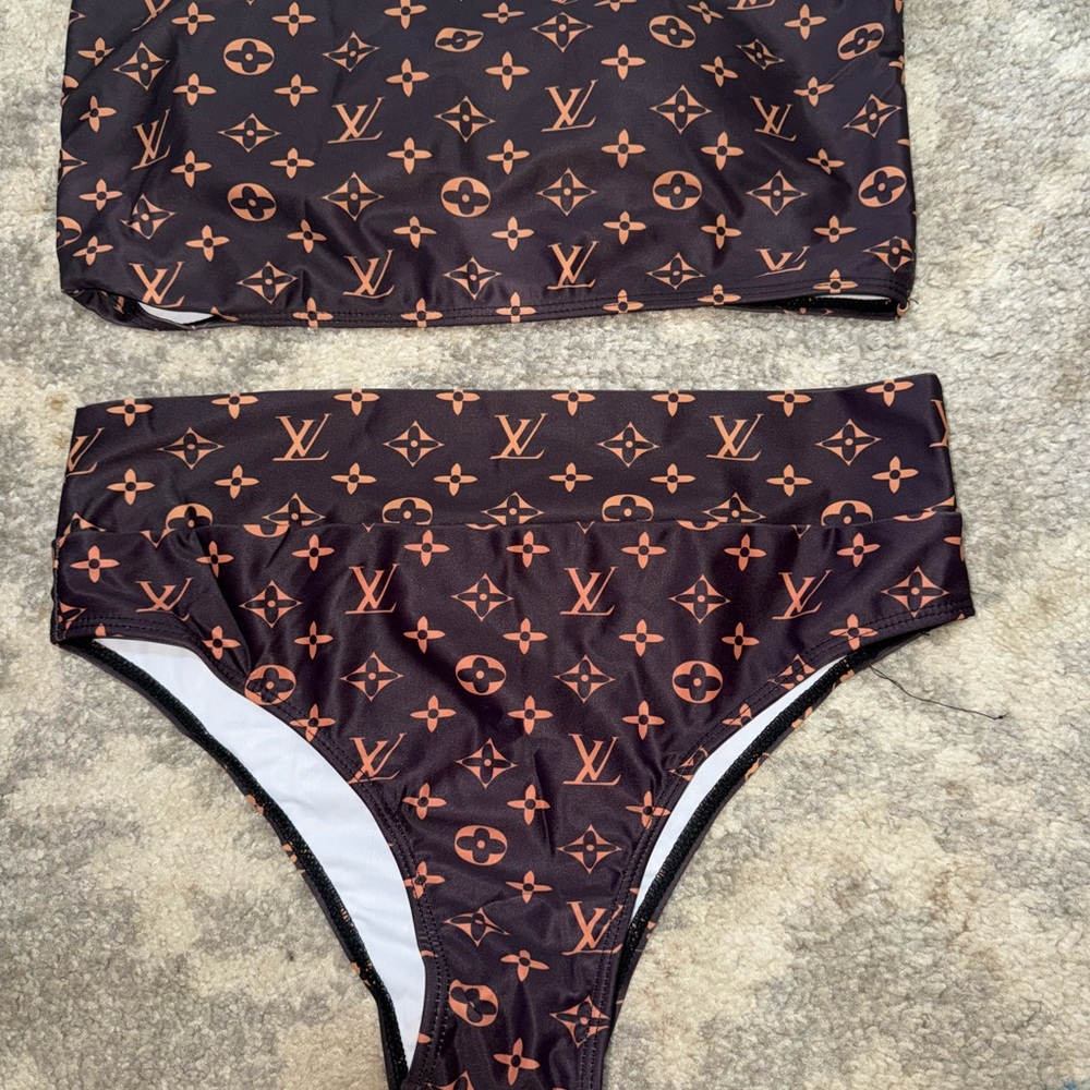 NWOT Brown & Gold Monogram Bandeau Bikini Set Size L
